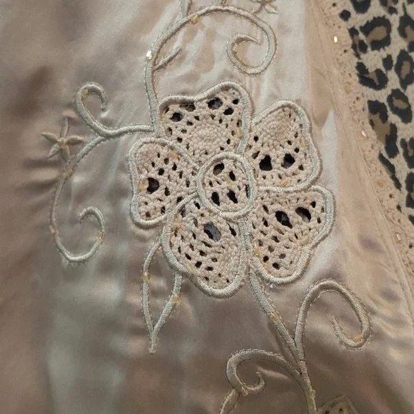 100% Silk Beige Satin Embroidered Tie-Front Top - Picture 7 of 13